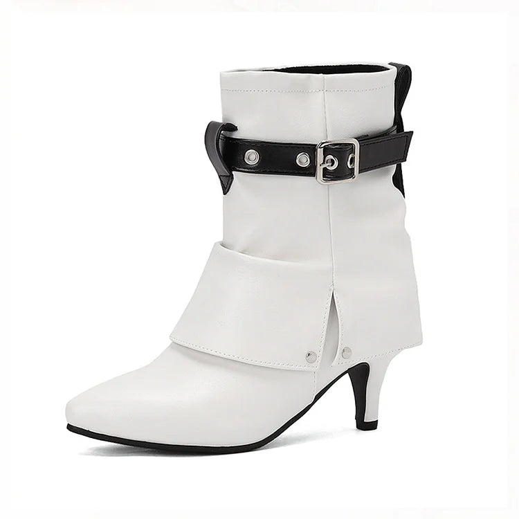 Colorblock Strap Buckle Fold Over Pointed Toe Kitten Heel Ankle Boots