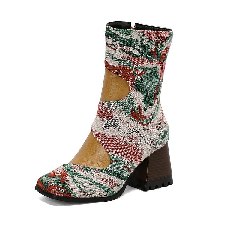 Patchwork-Stiefel mit Schlangenmuster und eckiger Zehenpartie mit klobigem Absatz und mittelhoher Wade