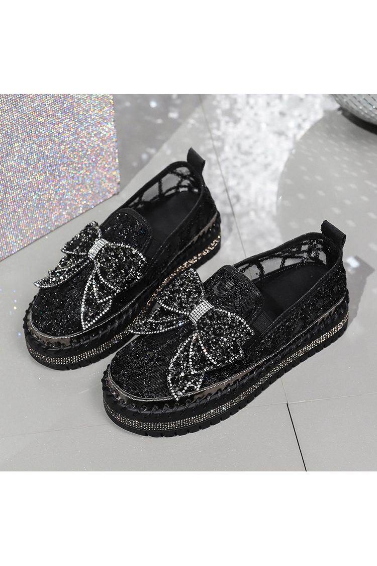 Strass Schleifen Dekor Mesh Runde Zehen Freizeit Plateau Slipper