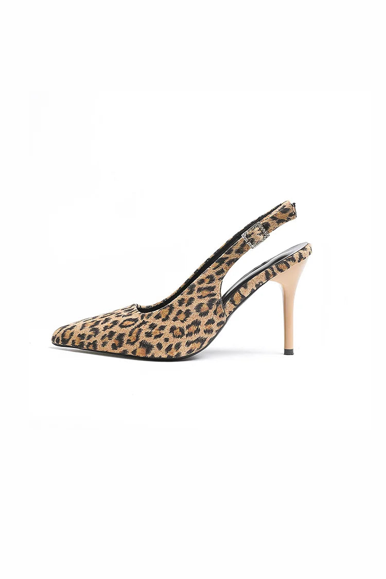 Leopard Print Pointed Toe Slingback Strap Buckle Stiletto Heels