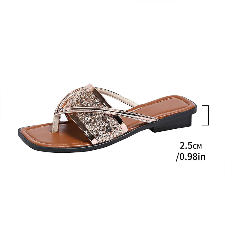 Metallic schimmernde glitzernde Flip-Flops mit quadratischer Spitze, lässige Hausschuhe