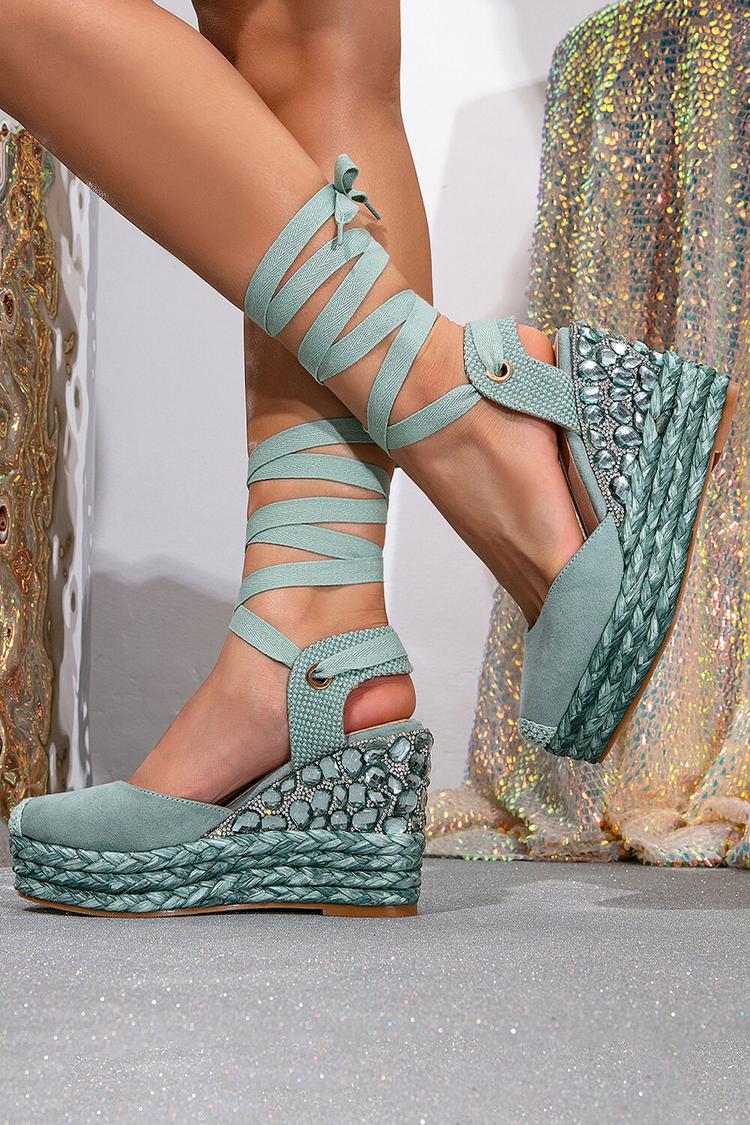 Patchwork Round Toe Rhinestone Decor Cross Tie Up Wedge Heels