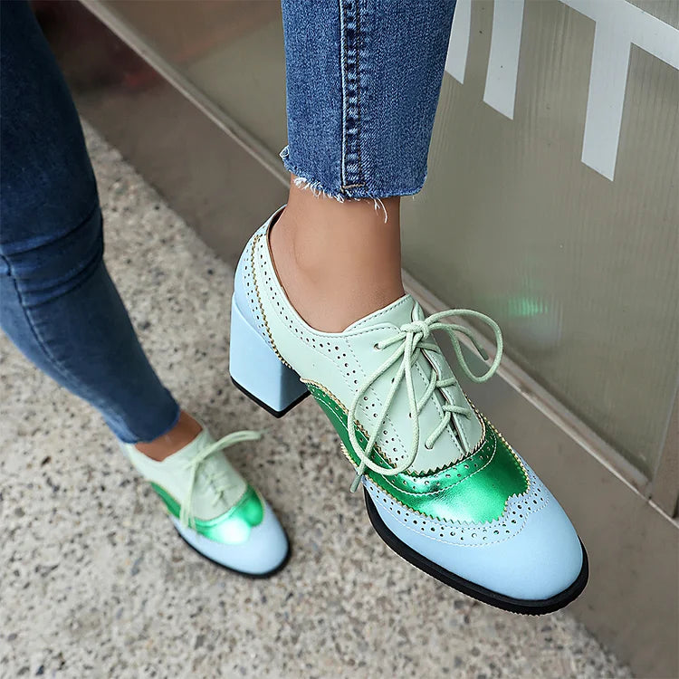 Scarpe Oxford Brogue con Tacco Grosso e Lacci, Punta Rotonda e Patchwork Color Block 