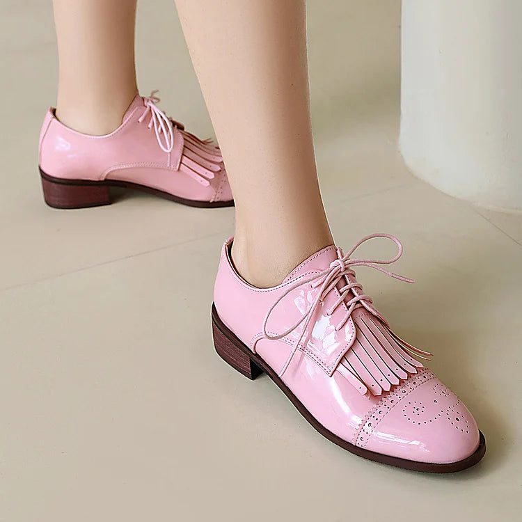 Oxfords z okrągłym noskiem, sznurowane, z ozdobnym frędzlem w jednolitym kolorze