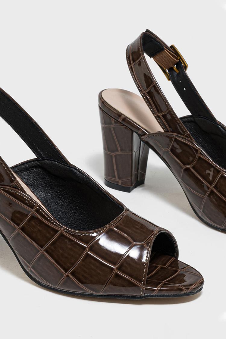 Scarpe con tacco grosso, cinturino con fibbia e stampa coccodrillo con punta aperta