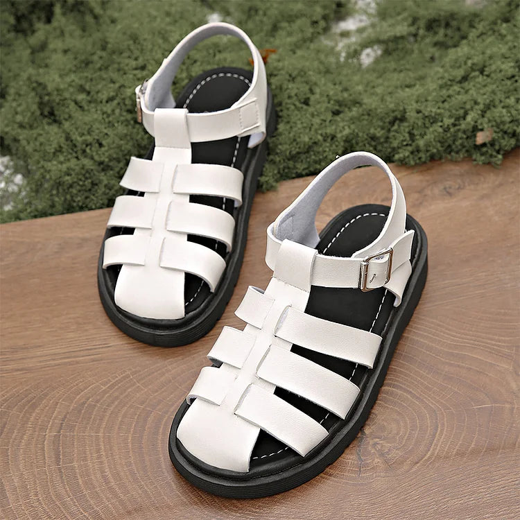 Woven Solid Color Hollow Out T-Strap Buckle Round Toe Sandals