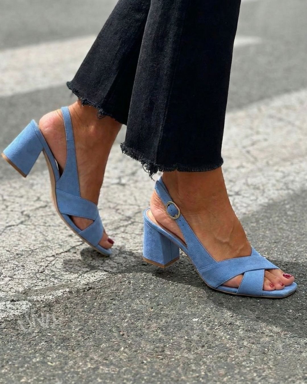 Light Blue Faux Suede Criss Cross Strap Block Heel Sandals [Pre Order]