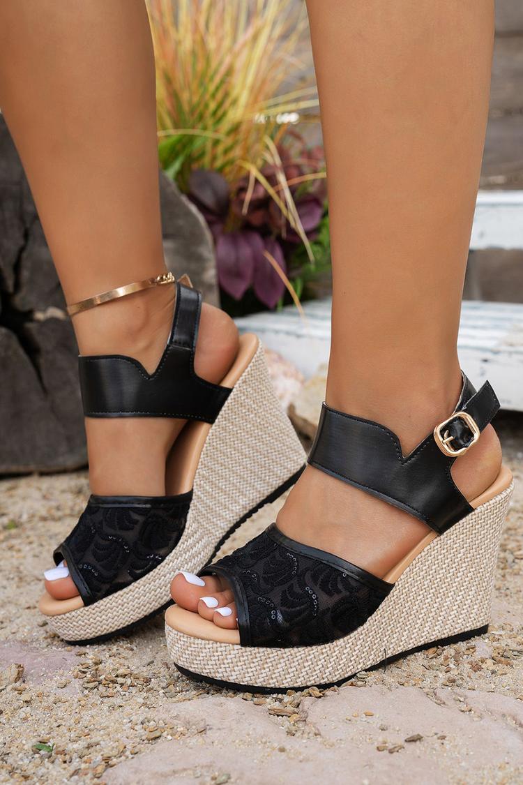 Sandali con zeppa casual da esterno con punta aperta, cinturino alla caviglia irregolare e fibbia 