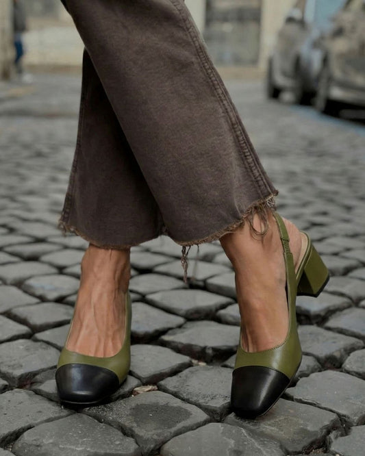 Olive Green Black Cap Toe Slingback Block Heel Pumps [Pre Order]