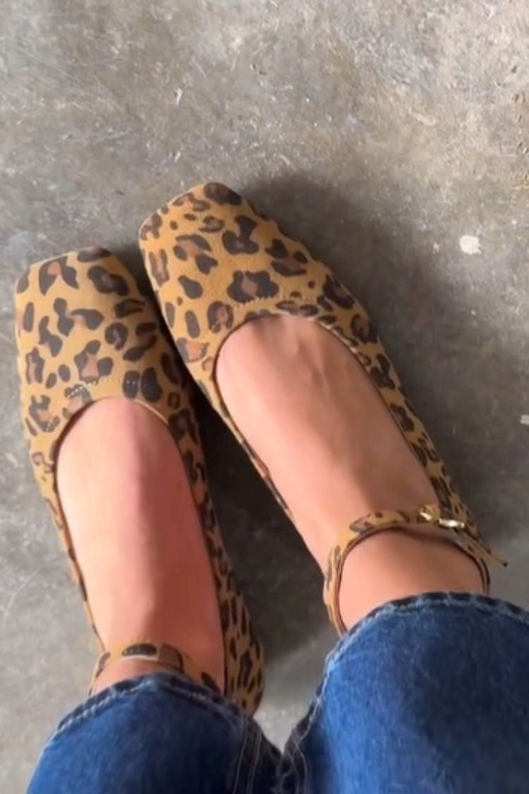 Minimalist Versatile Leopard Print Square Toe Ankle Strap Flats [Pre Order]