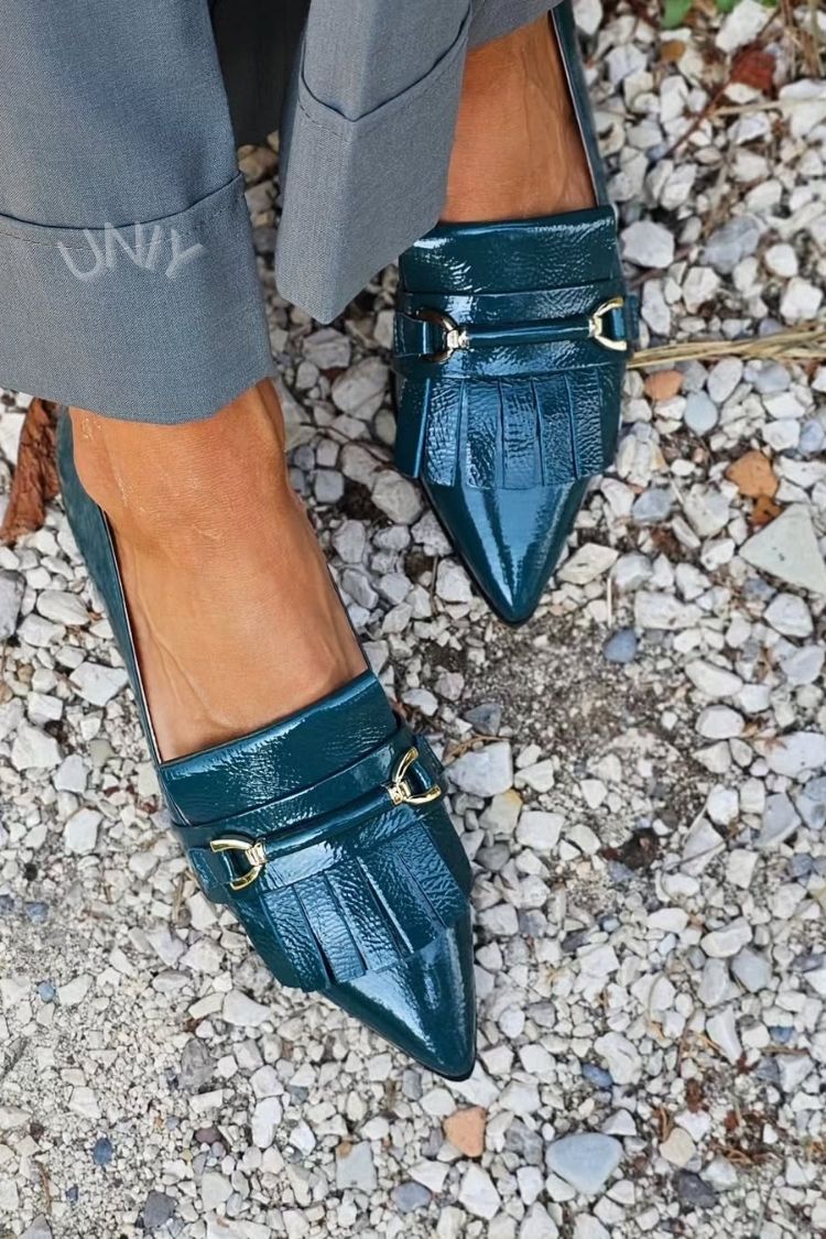 Eleganti mocassini casual con punta affilata in pelle PU verde scuro [Pre-ordine]