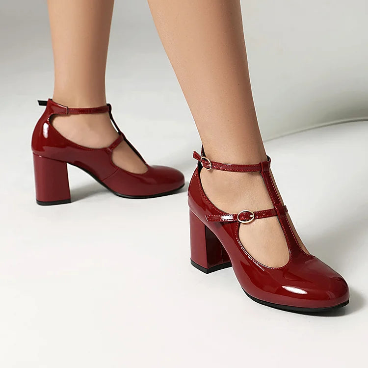 Solid Color Cross Strap Buckle Round Toe Chunky Heels