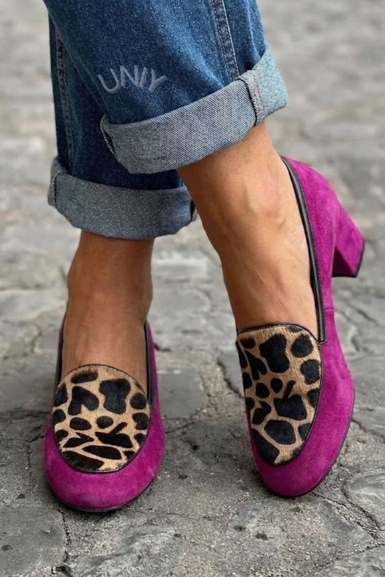 Escarpins chics fuchsia en suédine synthétique imprimé léopard à bout rond et talons épais [Précommande]