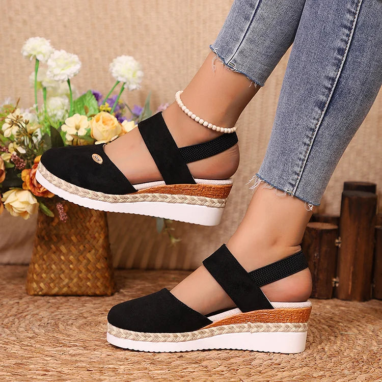 Metal Decor Slingback Strap Closed Toe Plain Espadrille Wedge Sandals