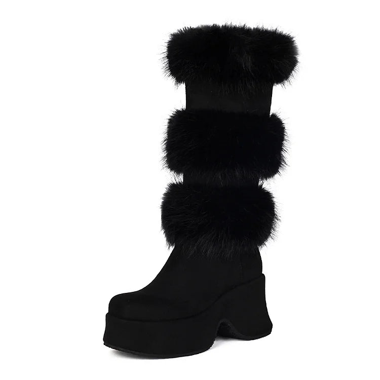 Colorblock Fluffy Trim Round Toe Chunky Heel Platform Mid Calf Boots