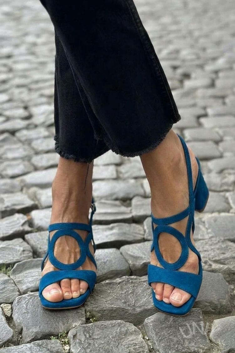 Square Toe Round Cut Out Slingback Strap Yellow Sandals Heels