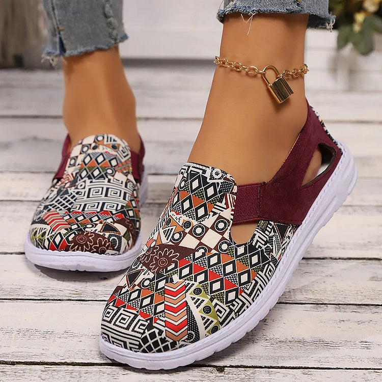 Ethnic Geo Pattern Print Cut Out Square Toe Slip On Loafers