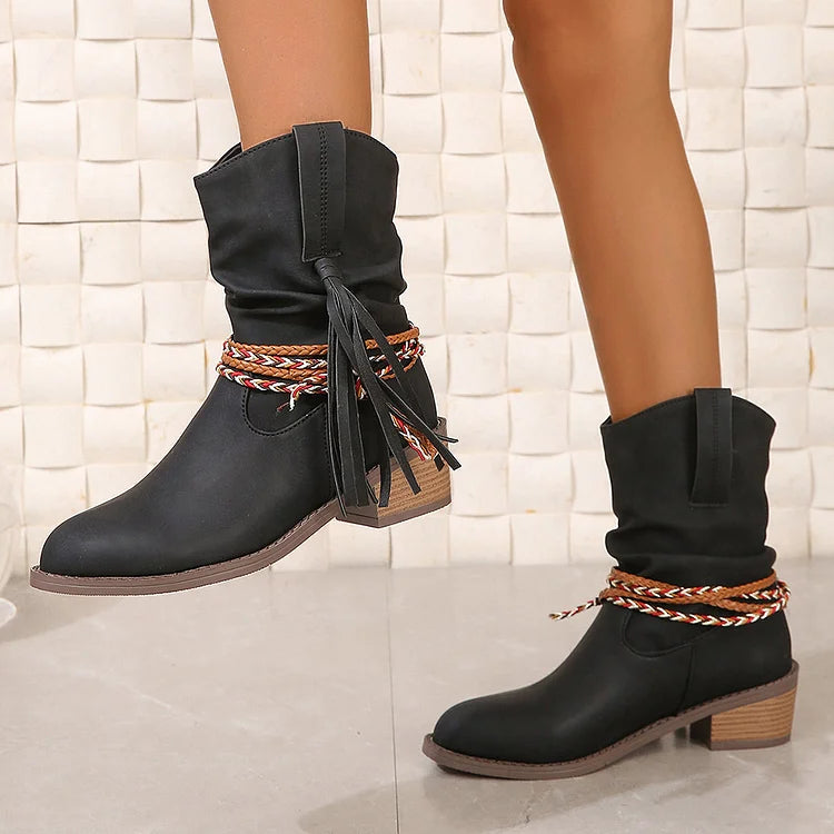 Braided Rope Tassel Decor Slouch Pointed Toe Chunky Heel Ankle Boots