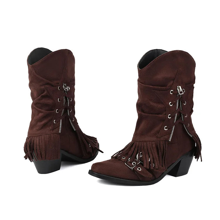 Fold Over Fringed Trim Zipper Pointed Toe Chunky Heel Western Boots