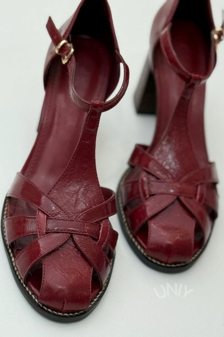 Burgundy Patent Leather T-Strap Woven Block Heel Sandals [Pre Order]
