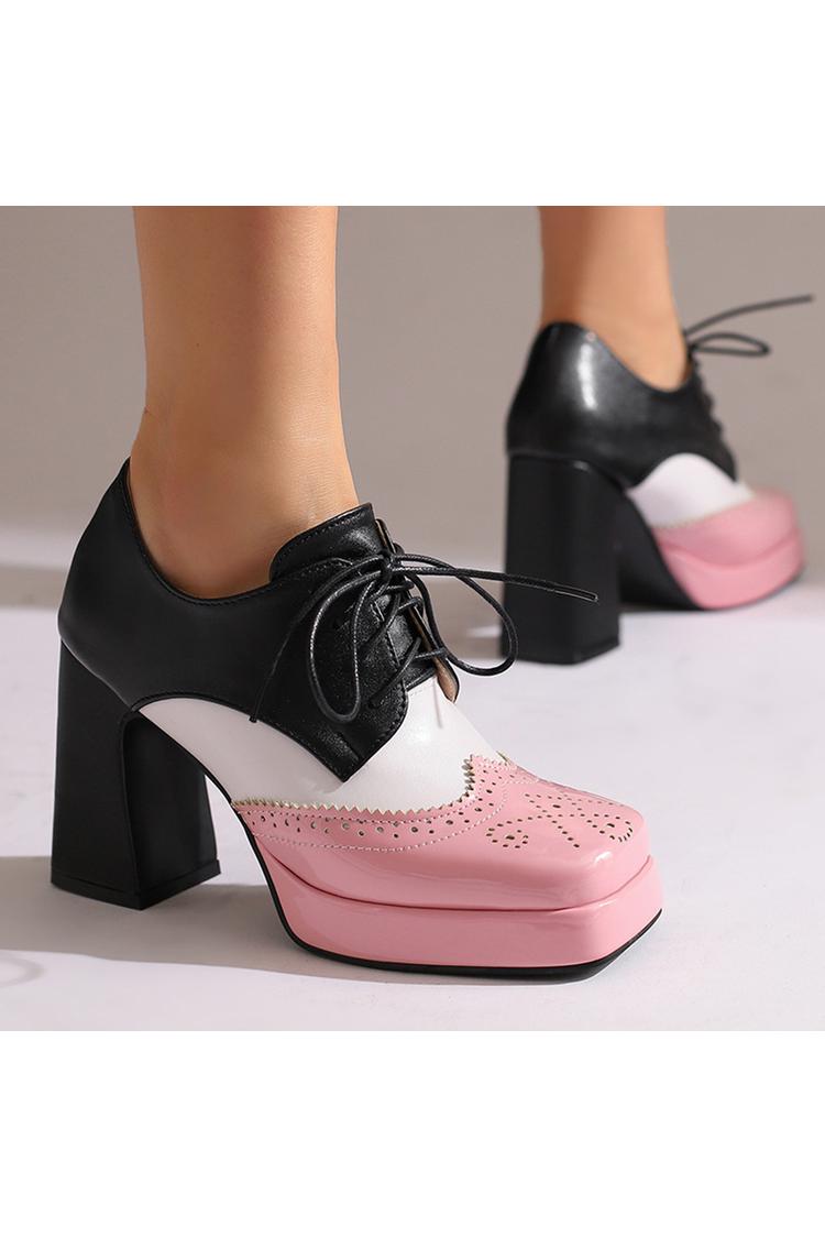 Scarpe con tacco grosso e plateau con lacci e punta quadrata in patchwork colorblock 