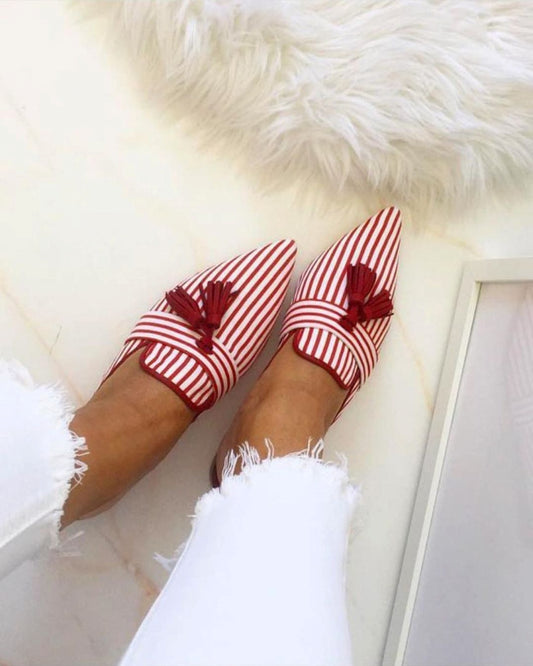 Rote und weiße gestreifte Fransen spitze Zehen lässige Ballerinas [Vorbestellung]