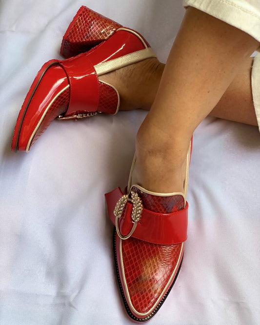 Red Snake Print Block Heel Loafers [Pre Order]