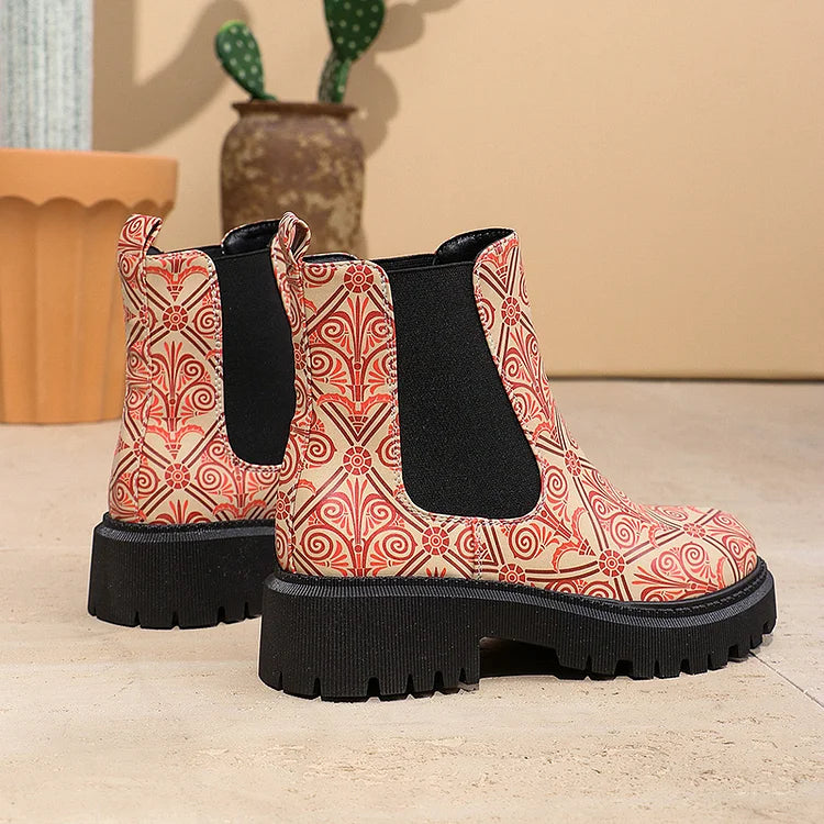 Patchwork-Stiefeletten mit klobigem Absatz und mehrfarbigem Aufdruck und runder Zehenpartie