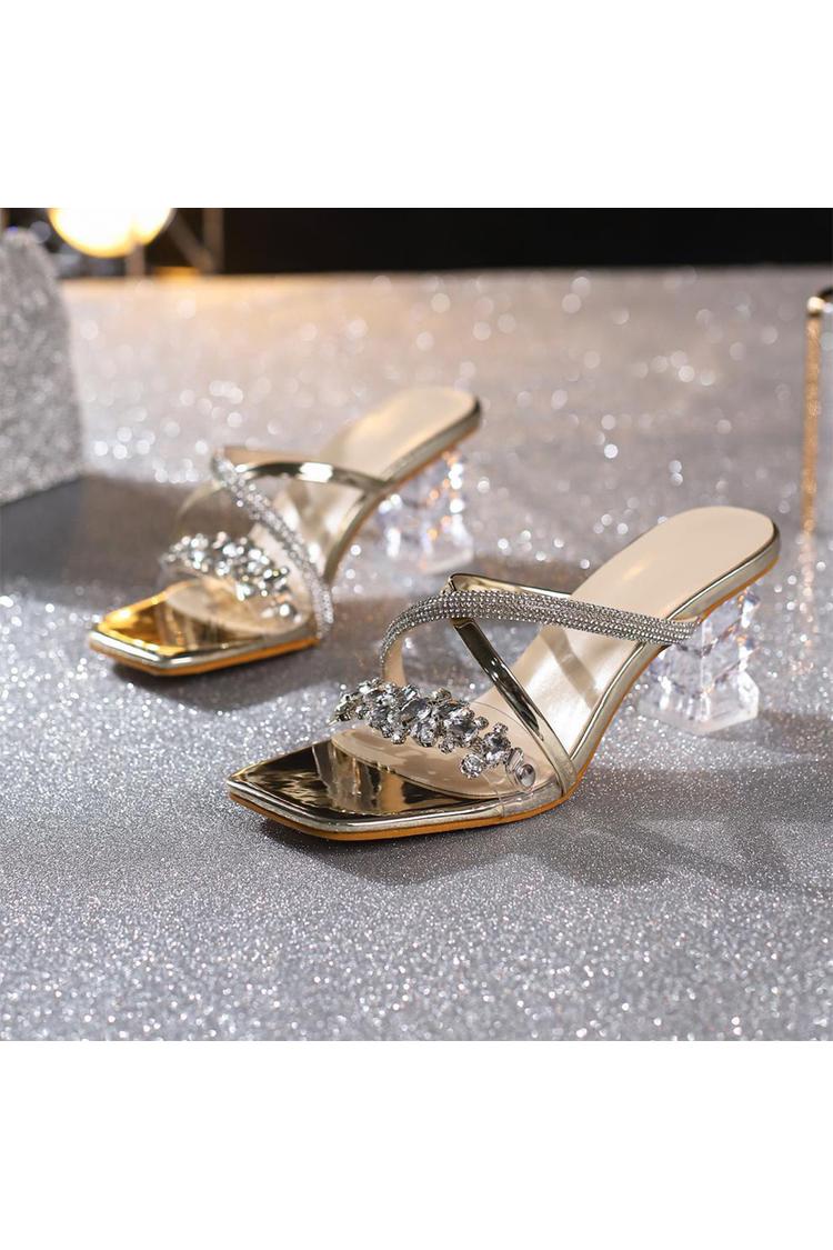 Eleganti tacchi a spillo spessi con punta quadrata, cinturino incrociato e decorazioni in strass 