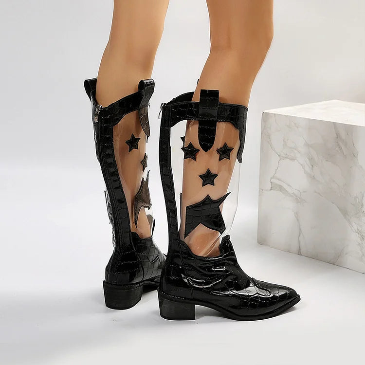 Patchwork Crocodile Print Pointed Toe Low Block Heel Mid Calf Boots