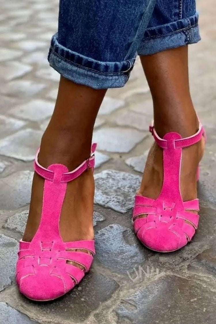 Chic Faux Suede Woven T-Strap Chunky Heel Pumps [Pre Order]