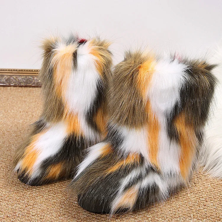 Multicolor Faux Fur Round Toe Low Platform Pull On Snow Boots