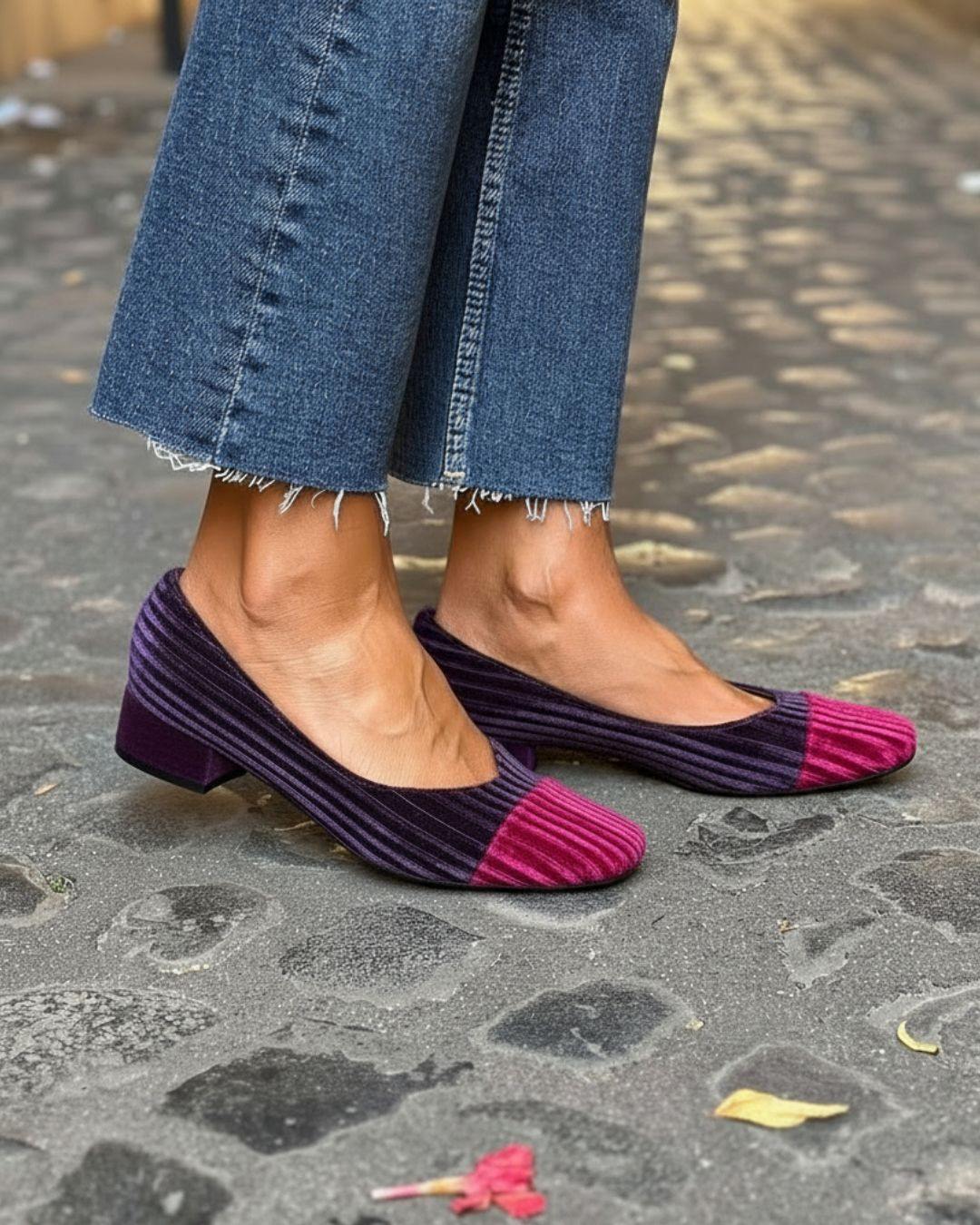 Velvet Color Block Square Toe Low Block Heels [Pre Order]