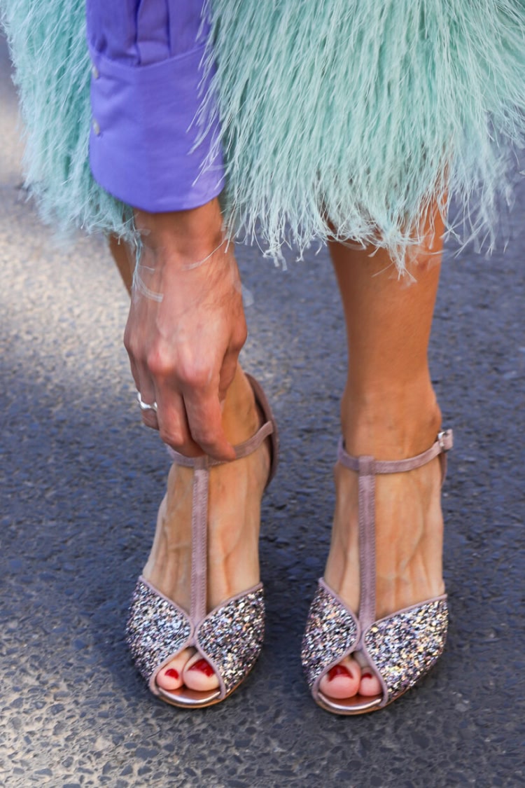 Multicolor Glitter Peep Toe T-Strap Mauve Block Heels [Pre Order]