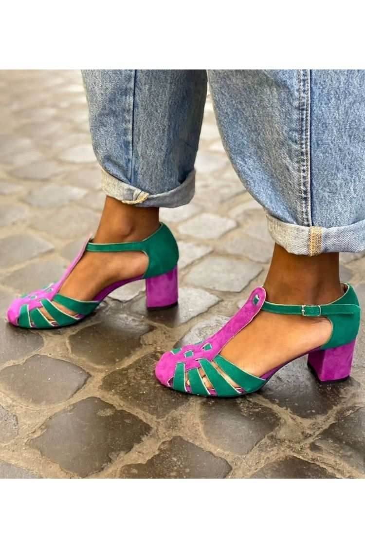 Suede T Strap Colorblock Cutout Block Heels [Pre Order]