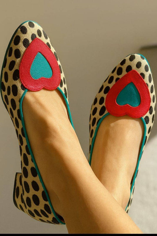 Polka-Dot Printed Heart Appliqué Almond-Toe Block Pumps [Pre Order]