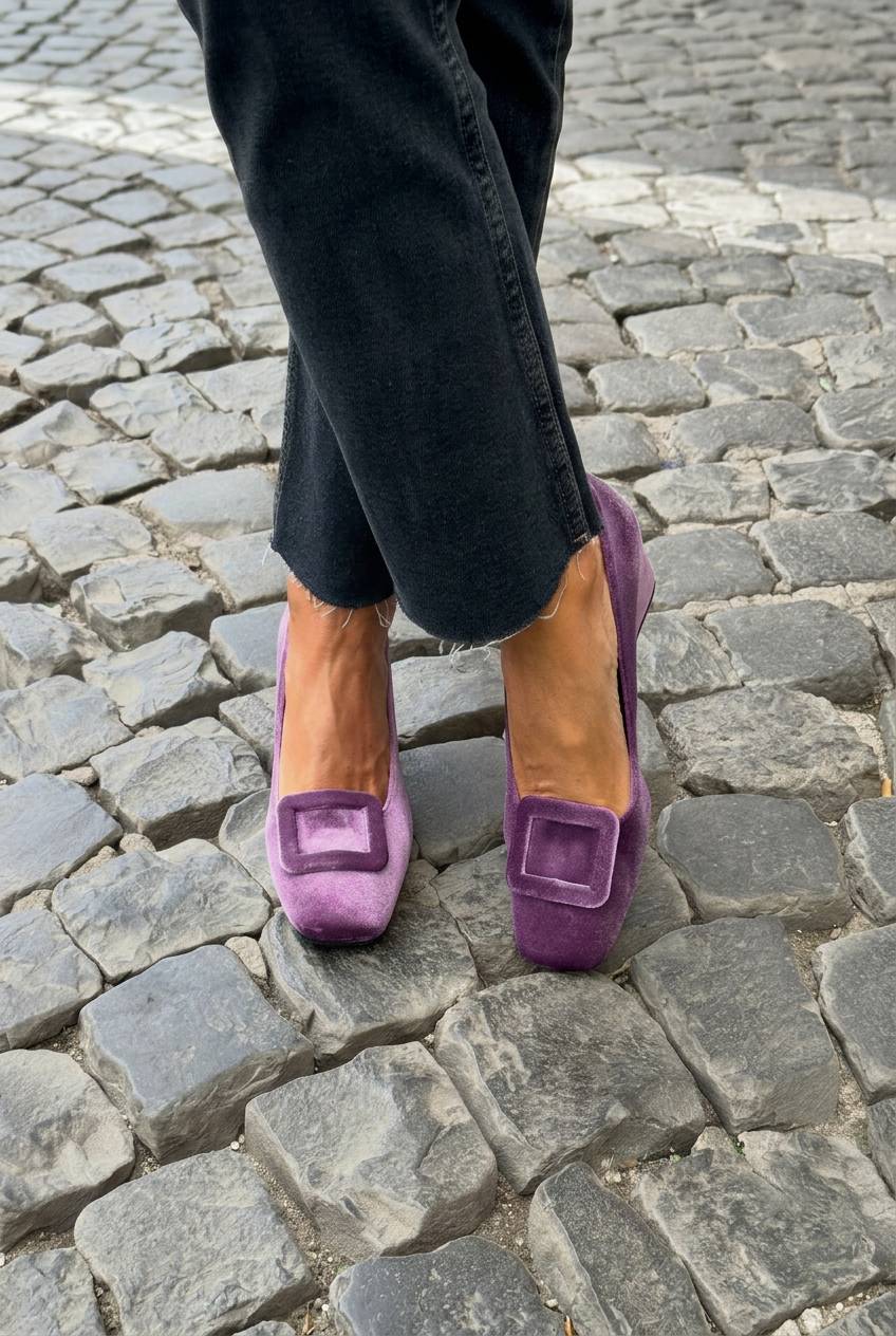 Velvet Square Buckle Square Toe Ballet Flats [Pre Order]