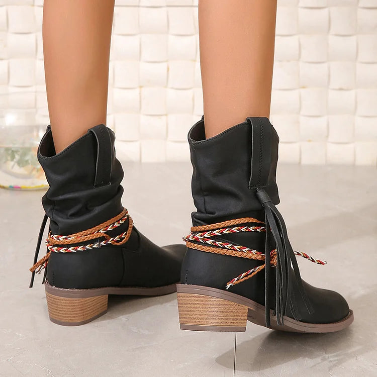 Braided Rope Tassel Decor Slouch Pointed Toe Chunky Heel Ankle Boots