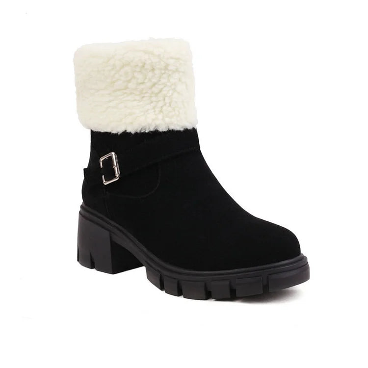 Round Toe Strap Buckle Decor Fluffy Trim Chunky Heel Snow Boots