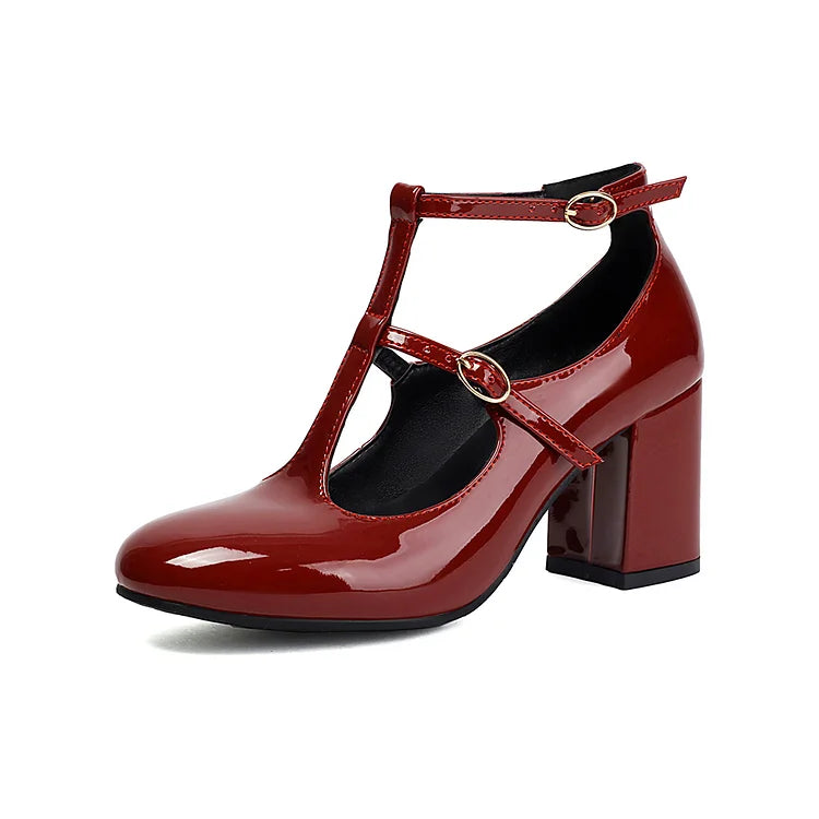 Solid Color Cross Strap Buckle Round Toe Chunky Heels