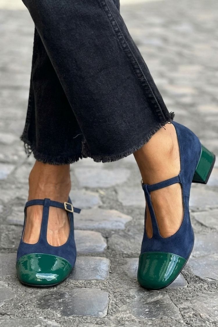Colorblock T-Strap Buckle Round Toe Purple Chunky Heels