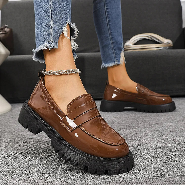 Patchwork Round Toe Low Block Heel Casual Slip On Loafers