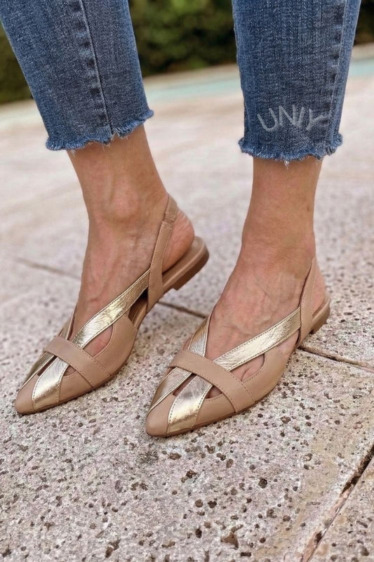 Chic Brown Gold Metallic Cutout Pointed Toe Slingback Flats [Pre Order]