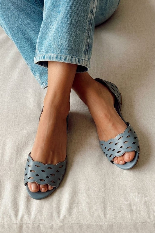 Retro Dusty Blue Laser Cut Peep Toe Slingback Flats [Pre Order]