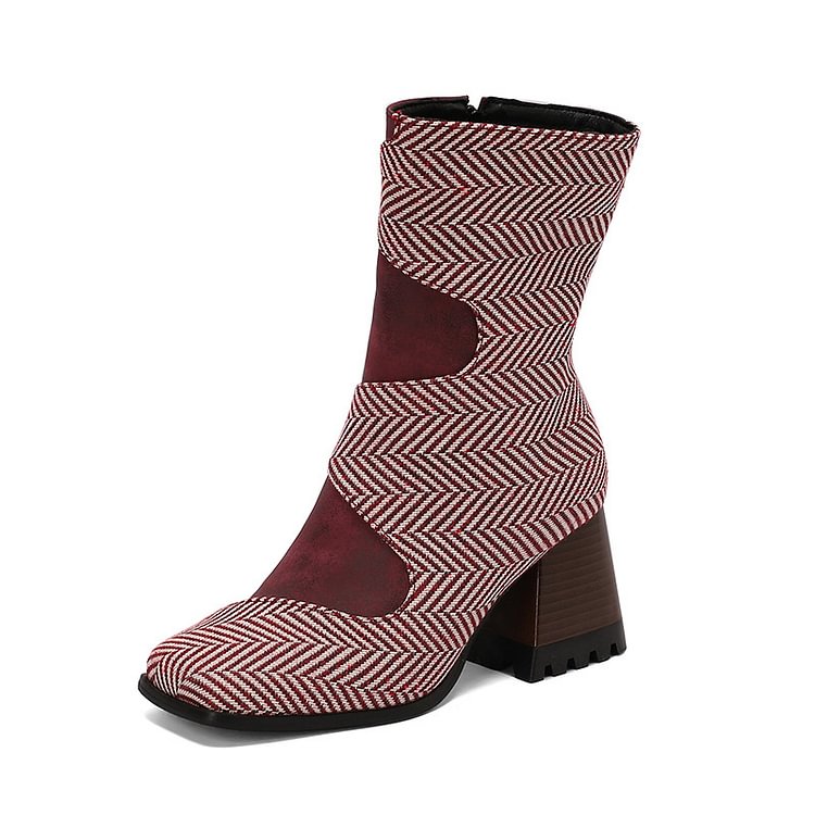 Patchwork-Stiefel mit Schlangenmuster und eckiger Zehenpartie mit klobigem Absatz und mittelhoher Wade