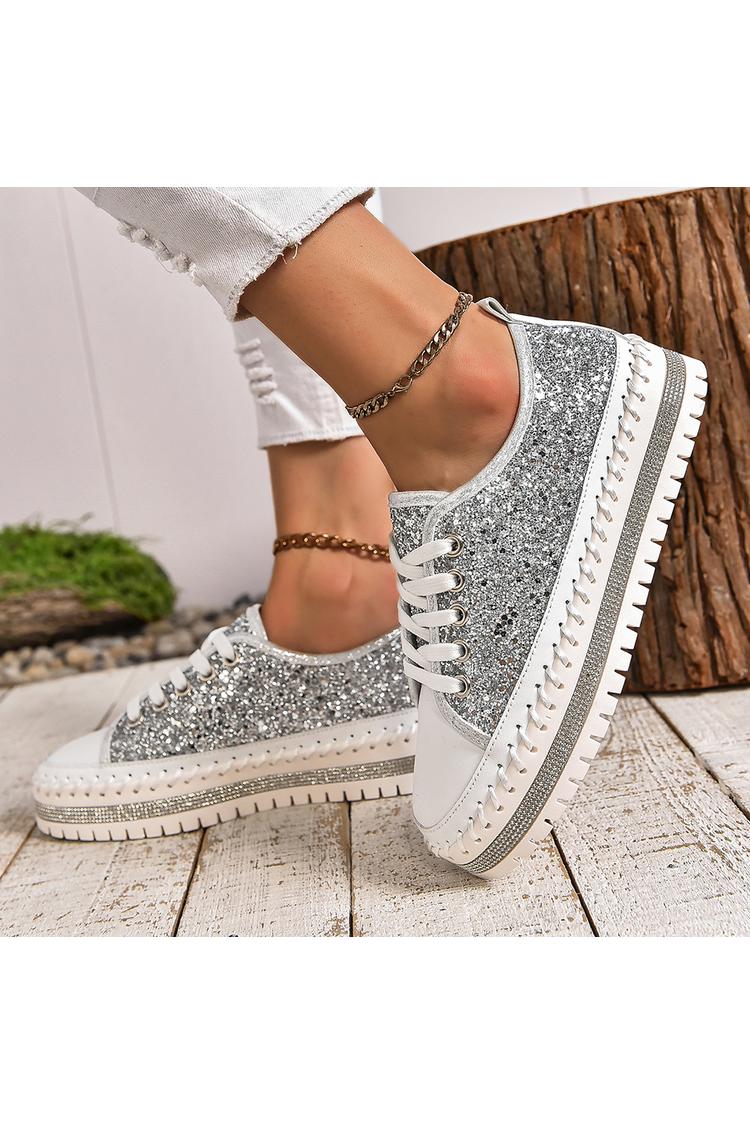 Sneakers casual con lacci e punta tonda con patchwork scintillante e dettagli cuciti 