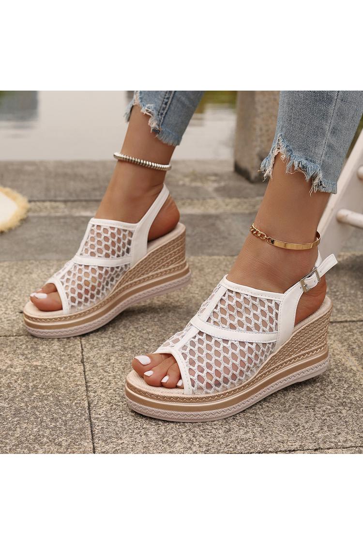 Zeppe casual in rete con cinturino alla caviglia con fibbia e punta aperta patchwork