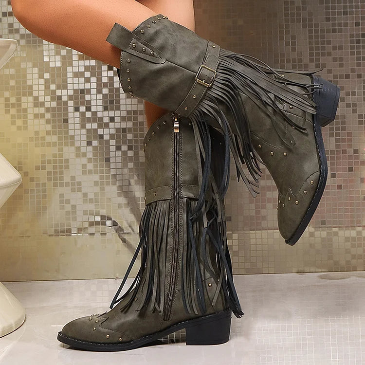 Metal Rivets Fringed Trim Pointed Toe Chunky Heel Mid Calf Boots