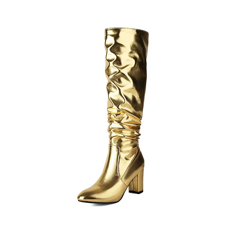 Metallic Sheen Slouch Pointed Toe Chunky Heel Knee High Boots