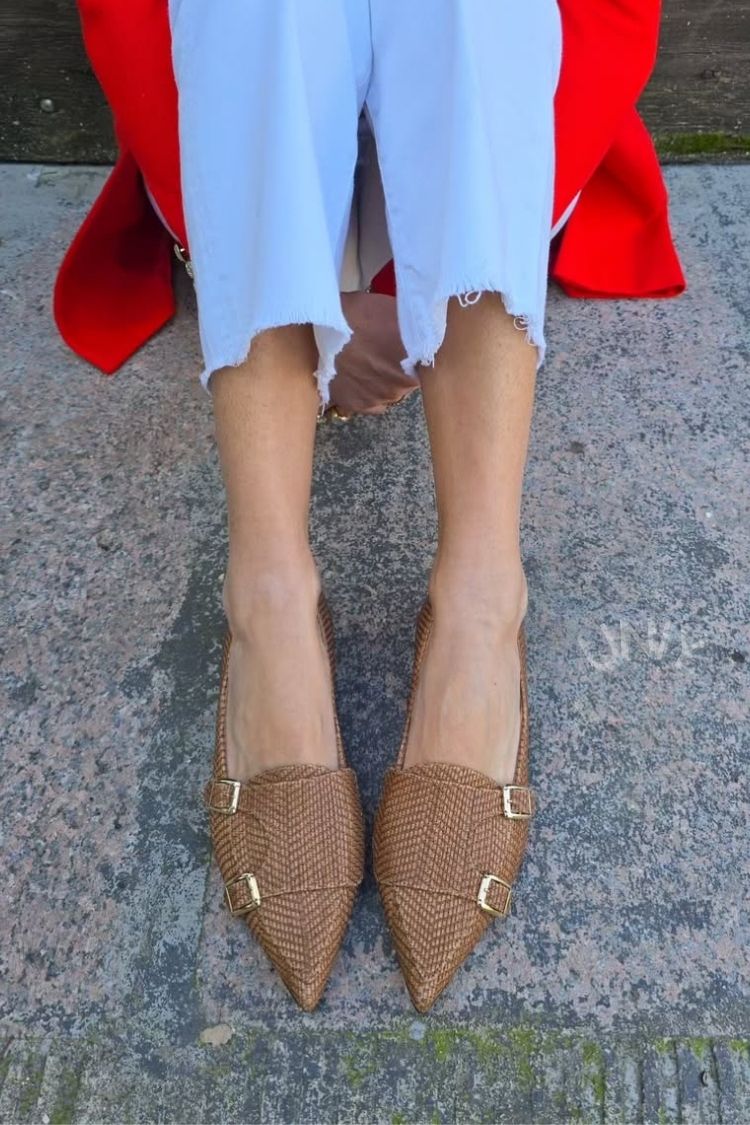 Brown Woven Pointed Toe Double Buckle Strap Flats [Pre Order]